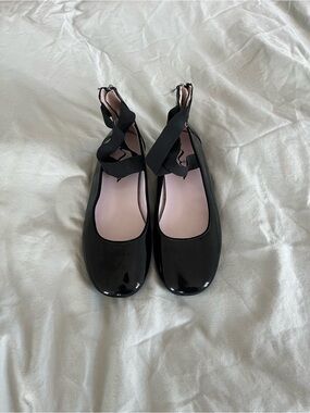 Black Patent Ballet Flats with Ankle Cross Straps